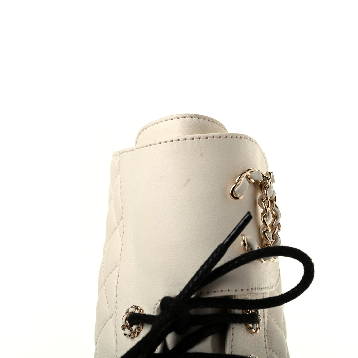 Chanel Shiny Goatskin Calfskin Quilted Lace Up Combat Boots 39 White Black 10 of 14
