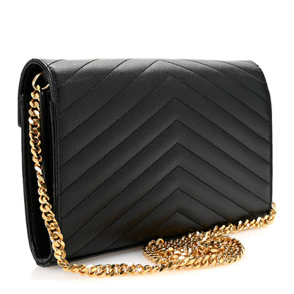 Saint Laurent Grain De Poudre Matelasse Chevron Monogram Chain Wallet Black 3 of 9