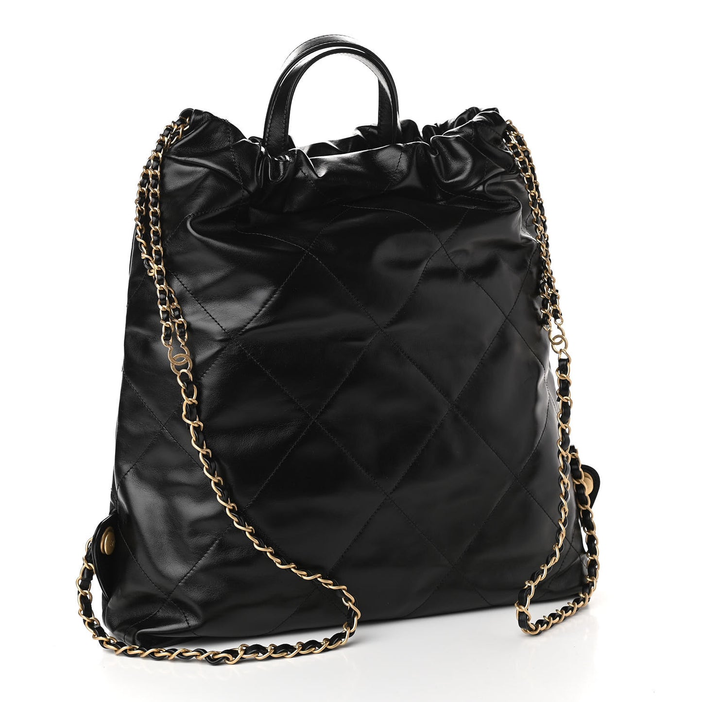 Shiny Calfskin Quilted Chanel 22 Backpack Black