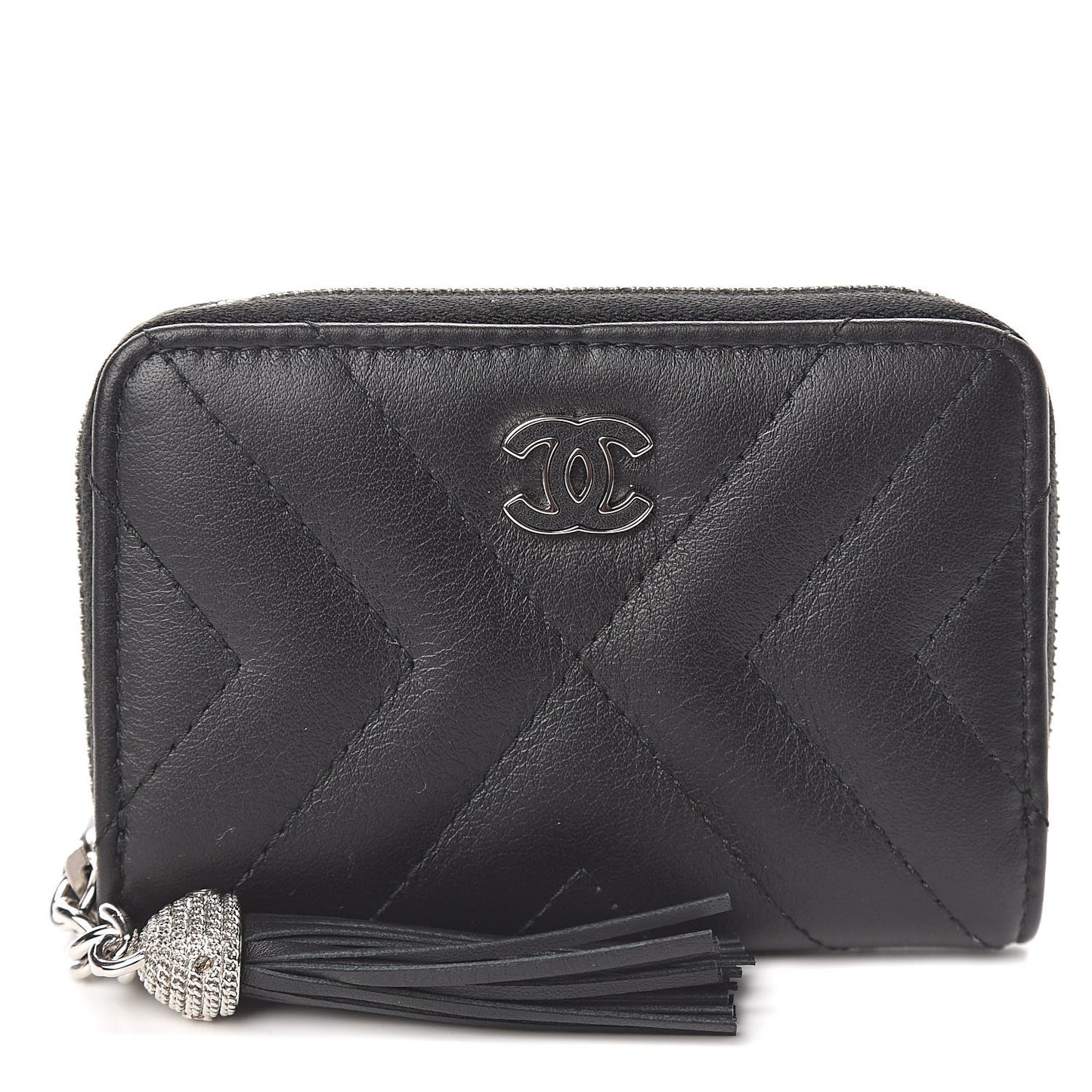 Calfskin Chevron Quilted Tassel Zip Around Coin Purse Black