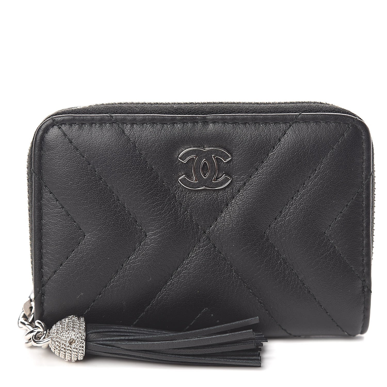Chanel Calfskin Chevron Quilted Tassel Zip Around Coin Purse Black 1 of 7