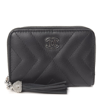 Chanel Calfskin Chevron Quilted Tassel Zip Around Coin Purse Black 1 of 7