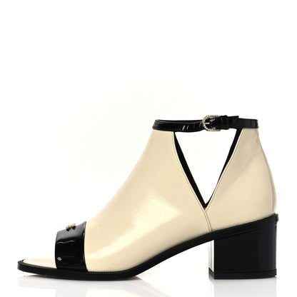 Chanel Patent Goatskin Patent Calfskin Peep Toe Short Ankle Boots 37 White Black 1 of 9