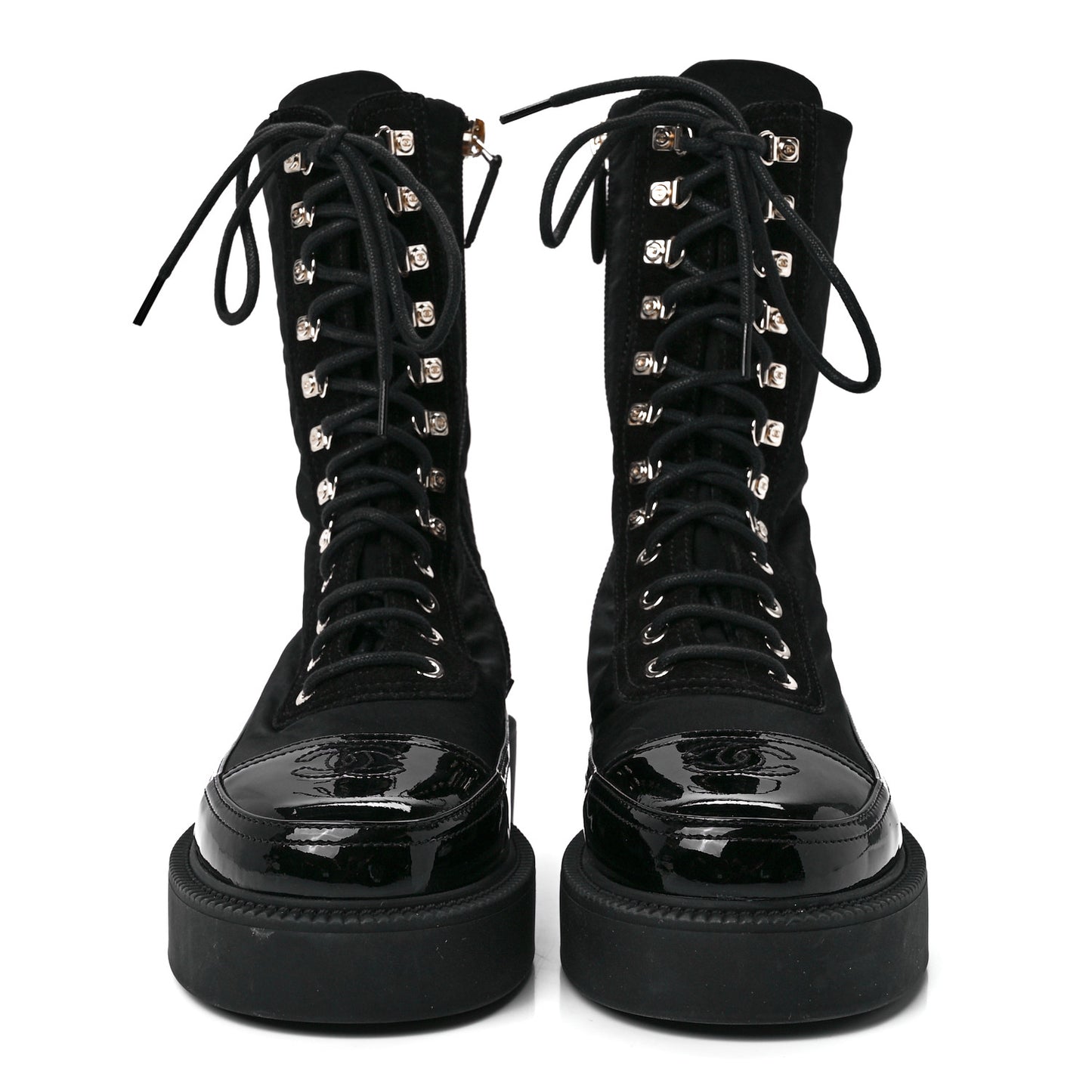 Nylon Suede Patent Calfskin Womens CC Lace Up Boots 37 Black