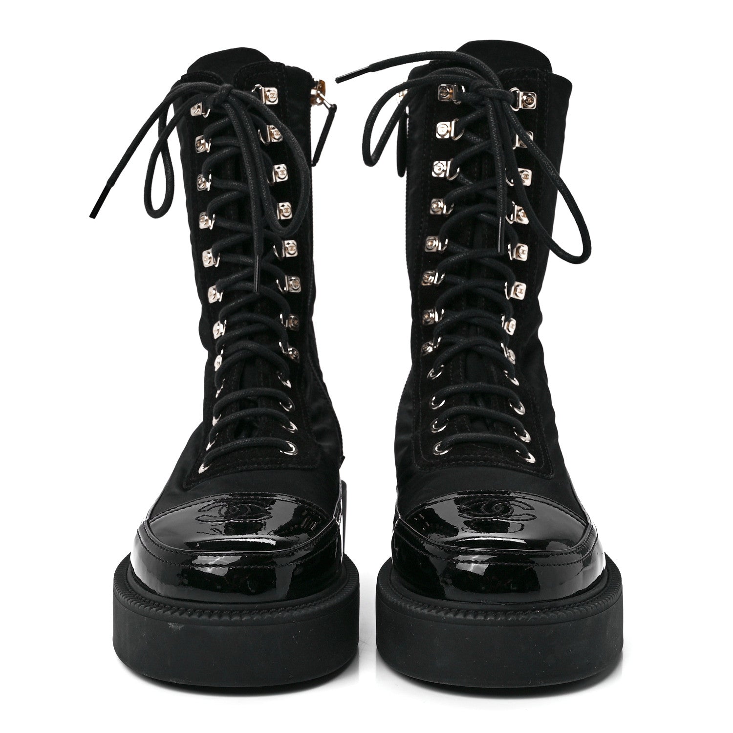 Chanel Nylon Suede Patent Calfskin Womens CC Lace Up Boots 37 Black 2 of 8