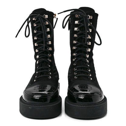 Chanel Nylon Suede Patent Calfskin Womens CC Lace Up Boots 37 Black 2 of 8