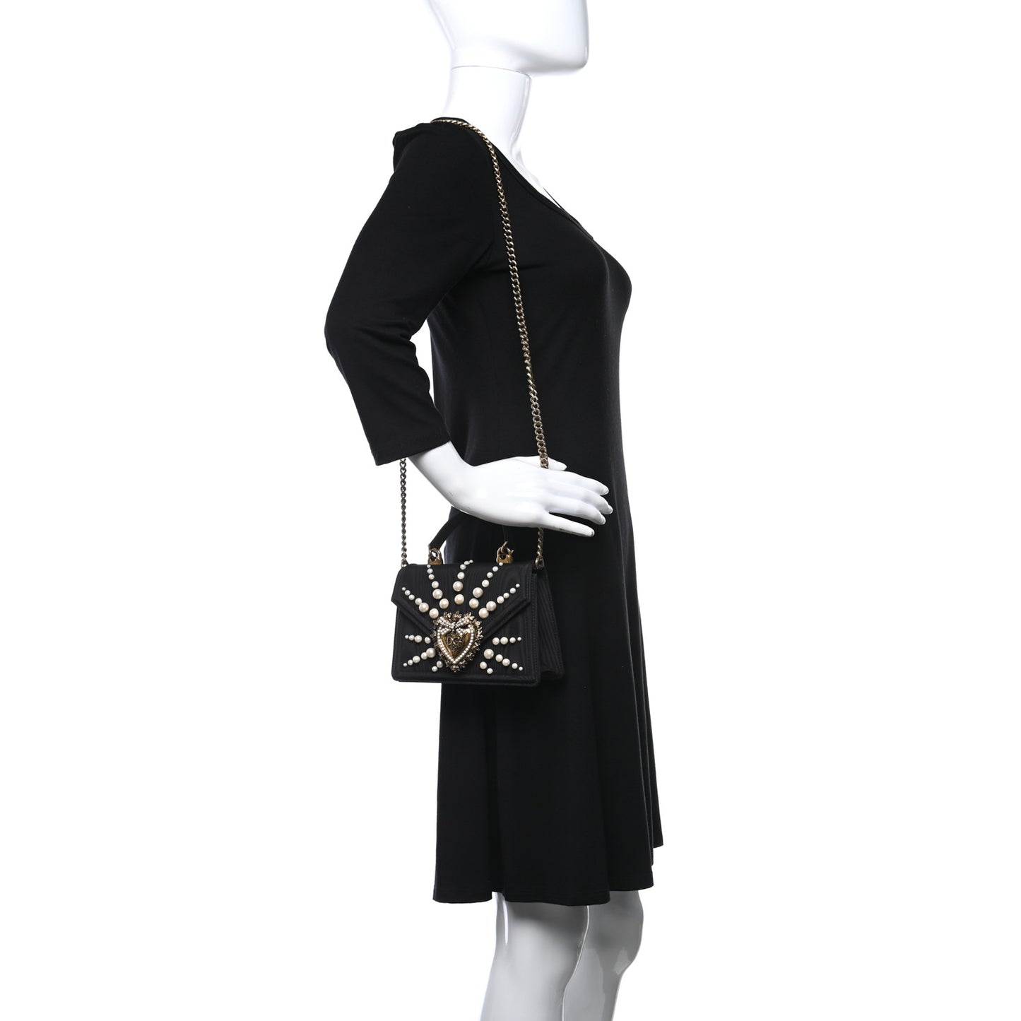 Moire Pearl Embellished Small Devotion Top Handle Bag Black