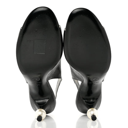 Chanel Calfskin Pearl CC Peep Toe Slingback Pumps 41 Black 5 of 8