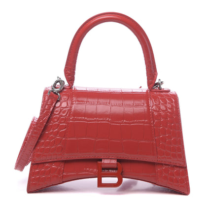 Balenciaga Shiny Calfskin Tonal B Crocodile Embossed Small Hourglass Top Handle Bag Bright Red 1 of 10
