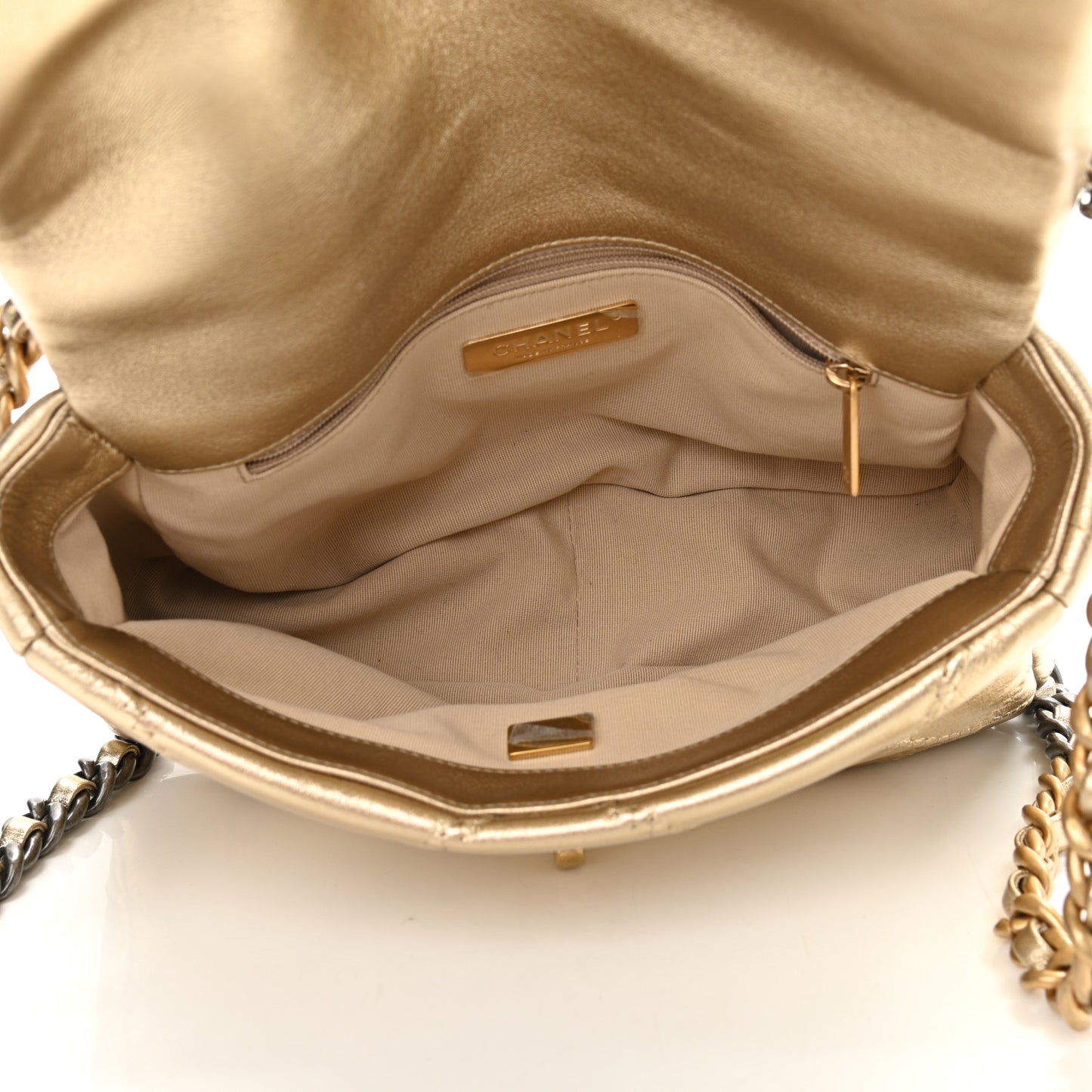 Metallic Lambskin Stitched Medium Chanel 19 Flap Gold