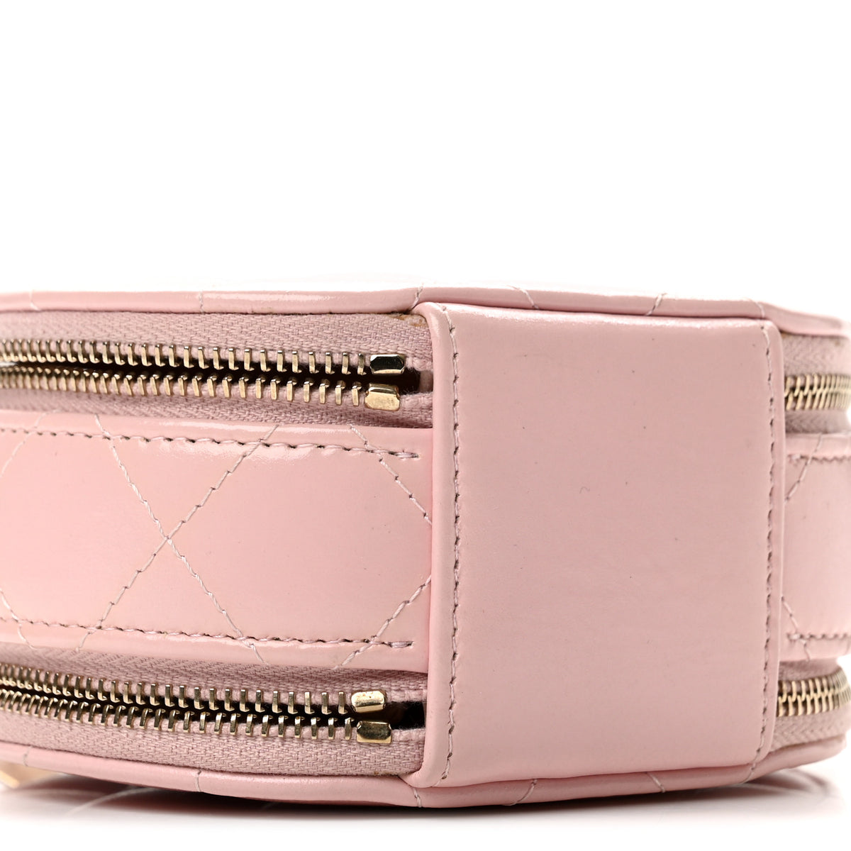 Shiny Lambskin Quilted Round Handle With Care Vanity With Chain Pink