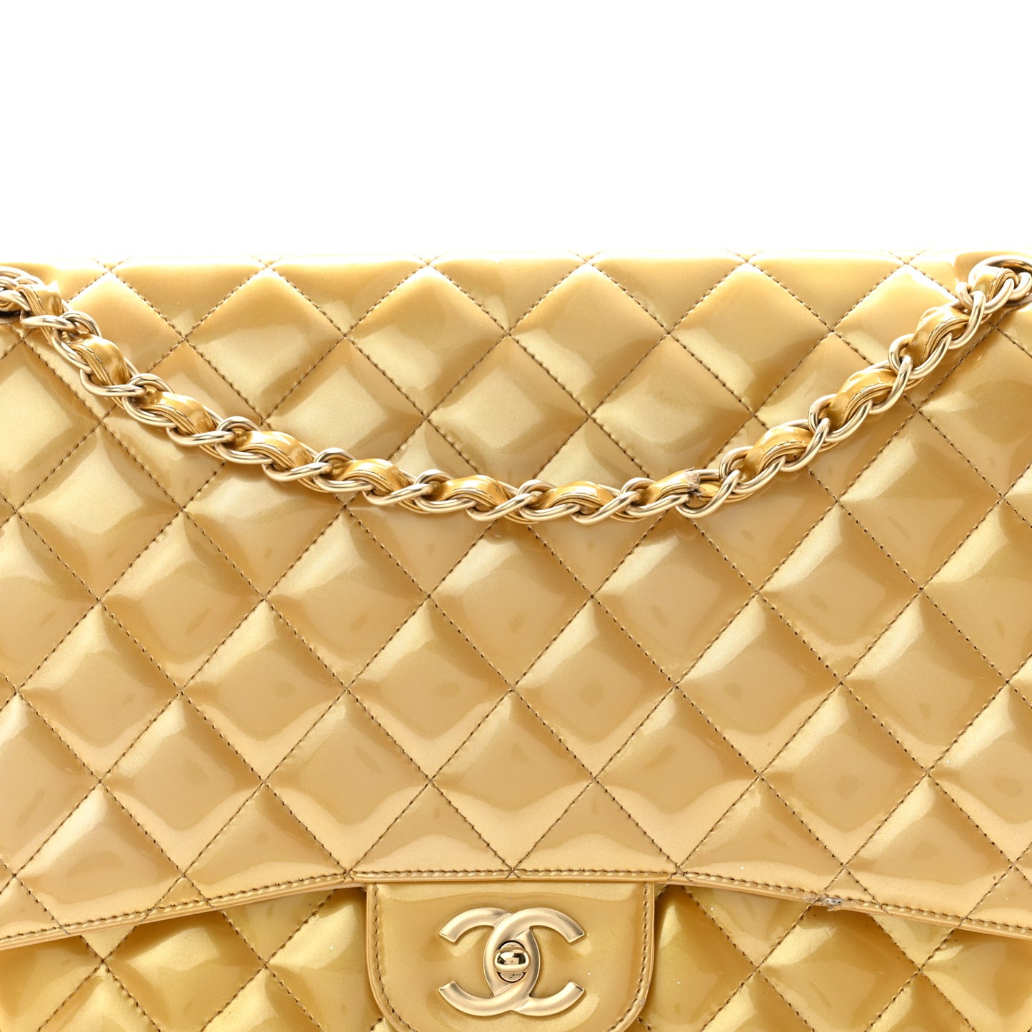 Metallic Patent Quilted Maxi Single Flap Beige