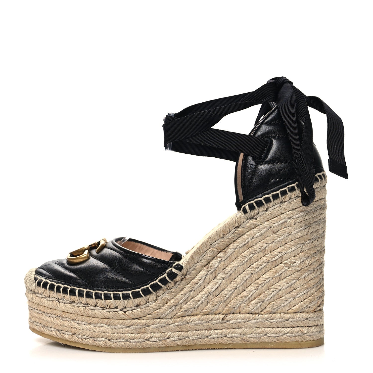 Gucci Nappa Matelasse GG Marmont Ankle Wrap Platform 35/120mm Espadrille Wedges 37.5 Black 1 of 9