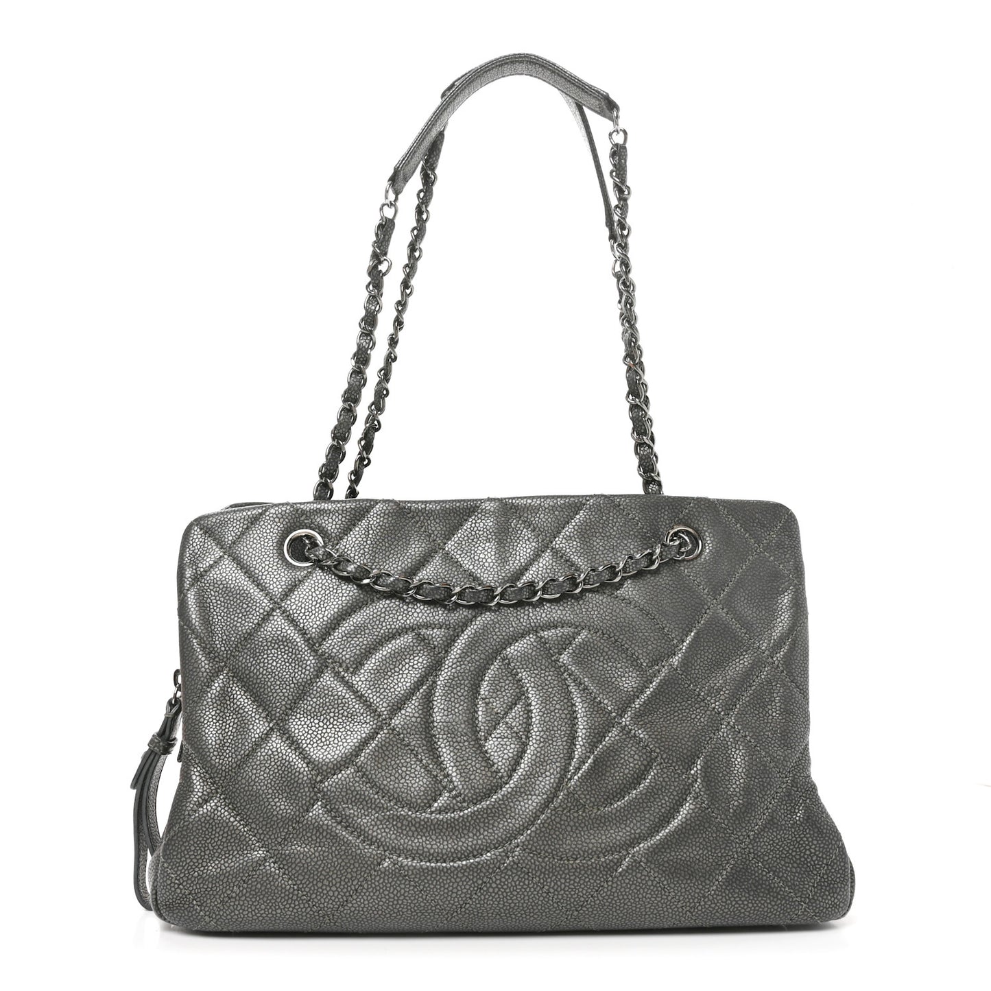Metallic Caviar Quilted CC Timeless Soft Tote Dark Silver