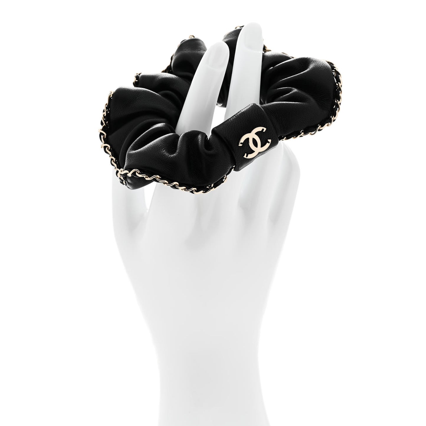 Lambskin Chain CC Hair Scrunchie Black Gold