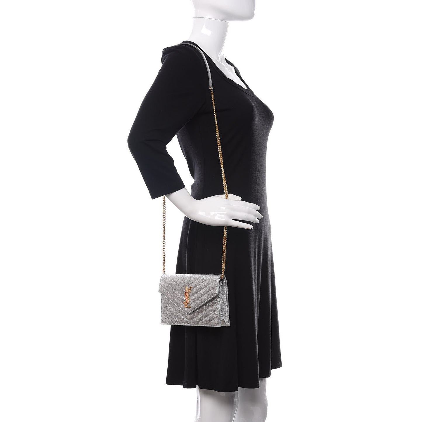 Metallic Calfskin Matelasse Chevron Monogram Envelope Chain Wallet