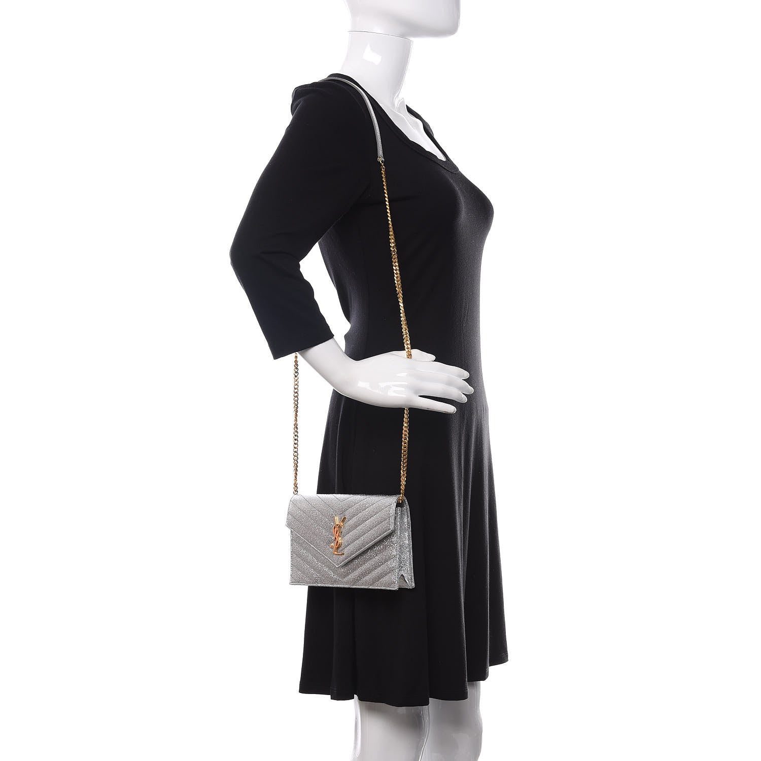 Saint Laurent Metallic Calfskin Matelasse Chevron Monogram Envelope Chain Wallet 2 of 9