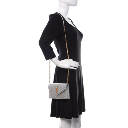 Saint Laurent Metallic Calfskin Matelasse Chevron Monogram Envelope Chain Wallet 2 of 9