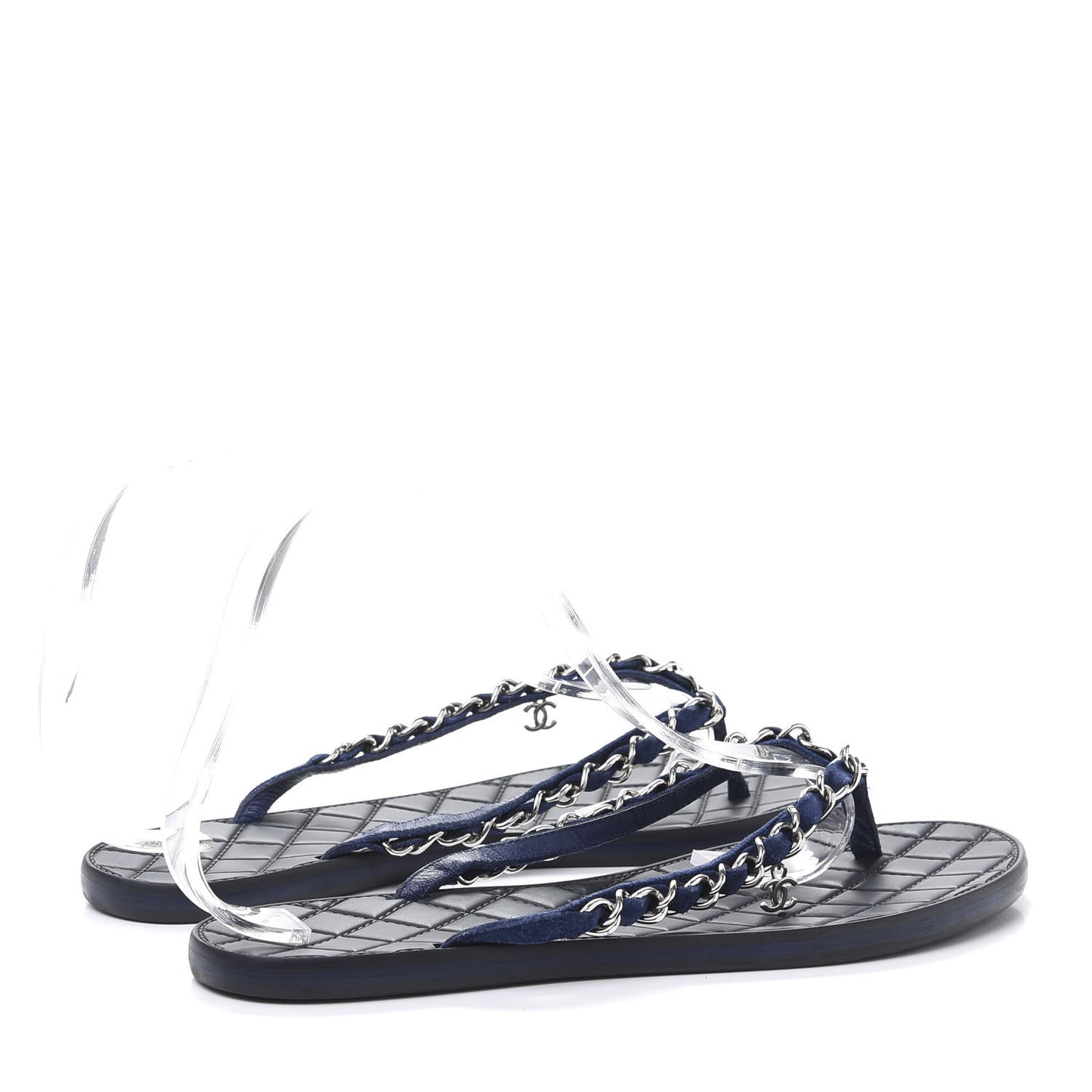 Suede Calfskin Quilted Chain Thong Sandals 40.5 Navy Blue