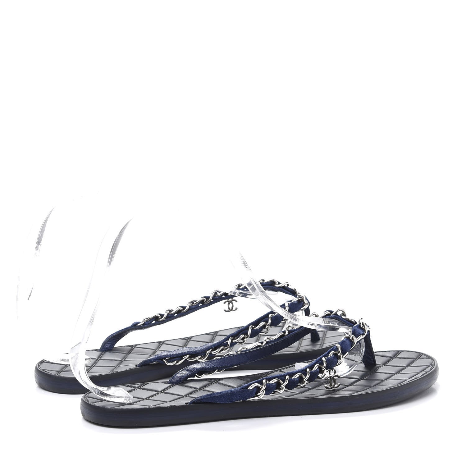 Chanel Suede Calfskin Quilted Chain Thong Sandals 40.5 Navy Blue 4 of 7
