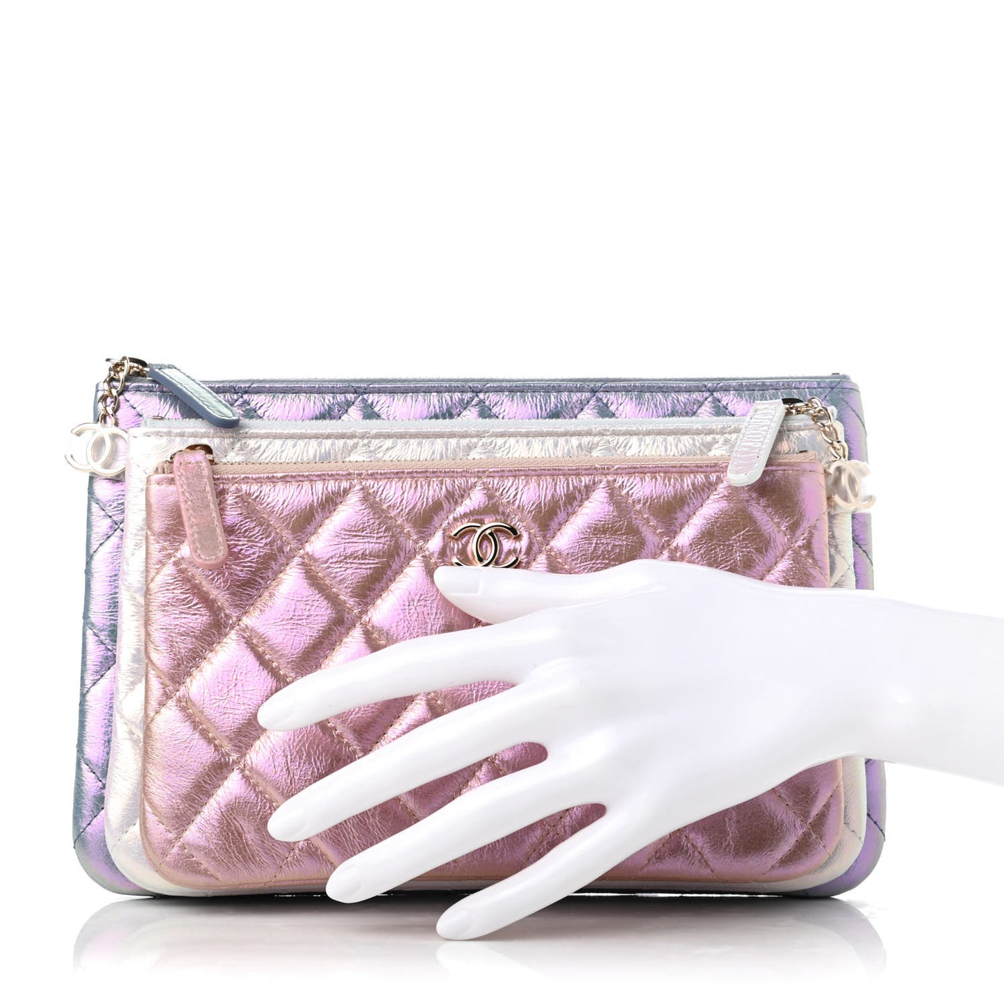 Iridescent Crumpled Calfskin Trio Cosmetic Case Blue Pink Ivory