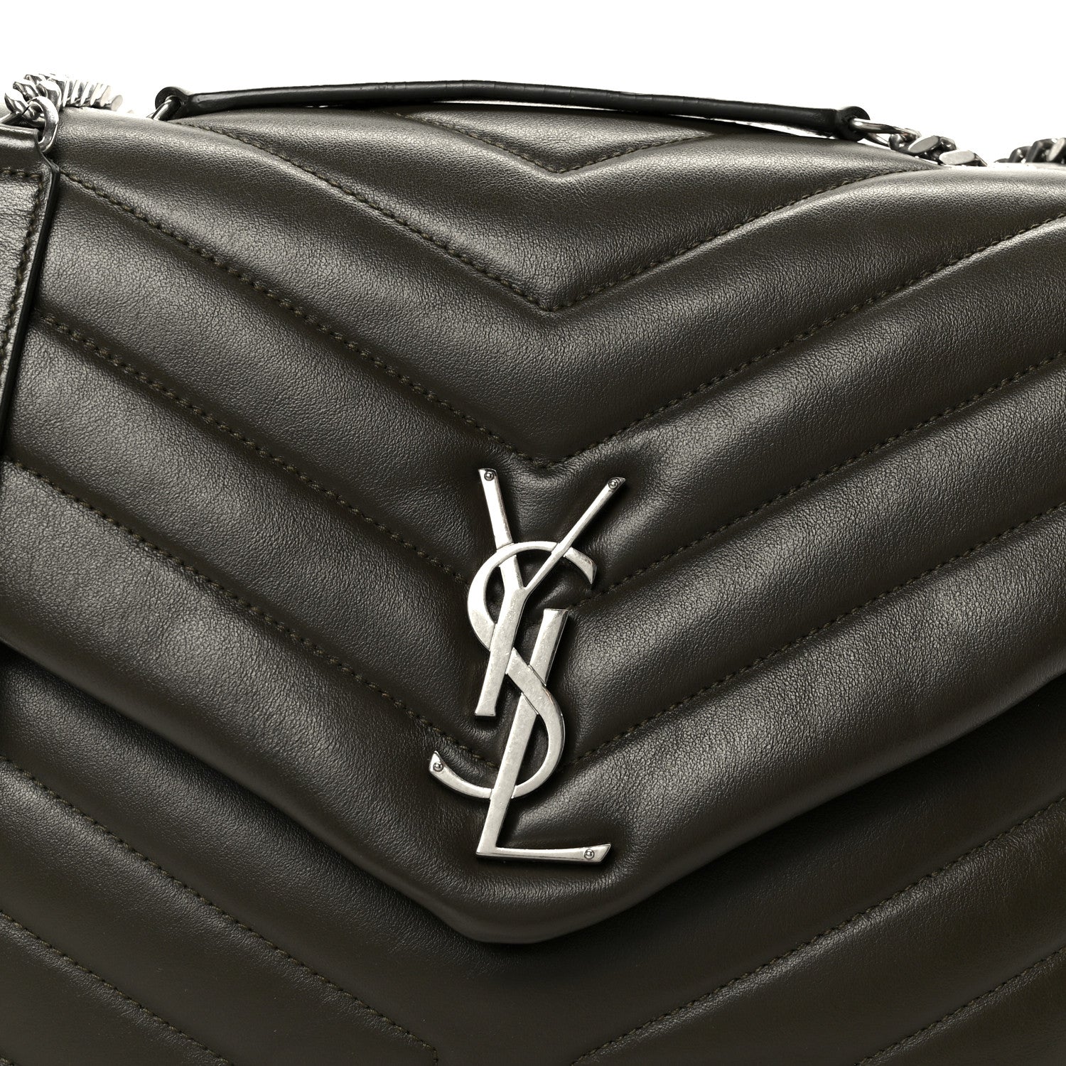 Saint Laurent Calfskin Y Quilted Monogram Medium Loulou Chain Satchel Kaki Fonce 9 of 11