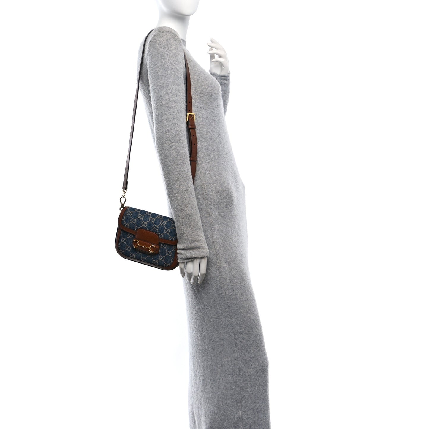 New Denim GG Monogram Dollar Calfskin Web Mini Horsebit 1955 Shoulder Bag Blue Tea Cuir Epilog