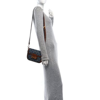 Gucci New Denim GG Monogram Dollar Calfskin Web Mini Horsebit 1955 Shoulder Bag Blue Tea Cuir Epilog 2 of 10