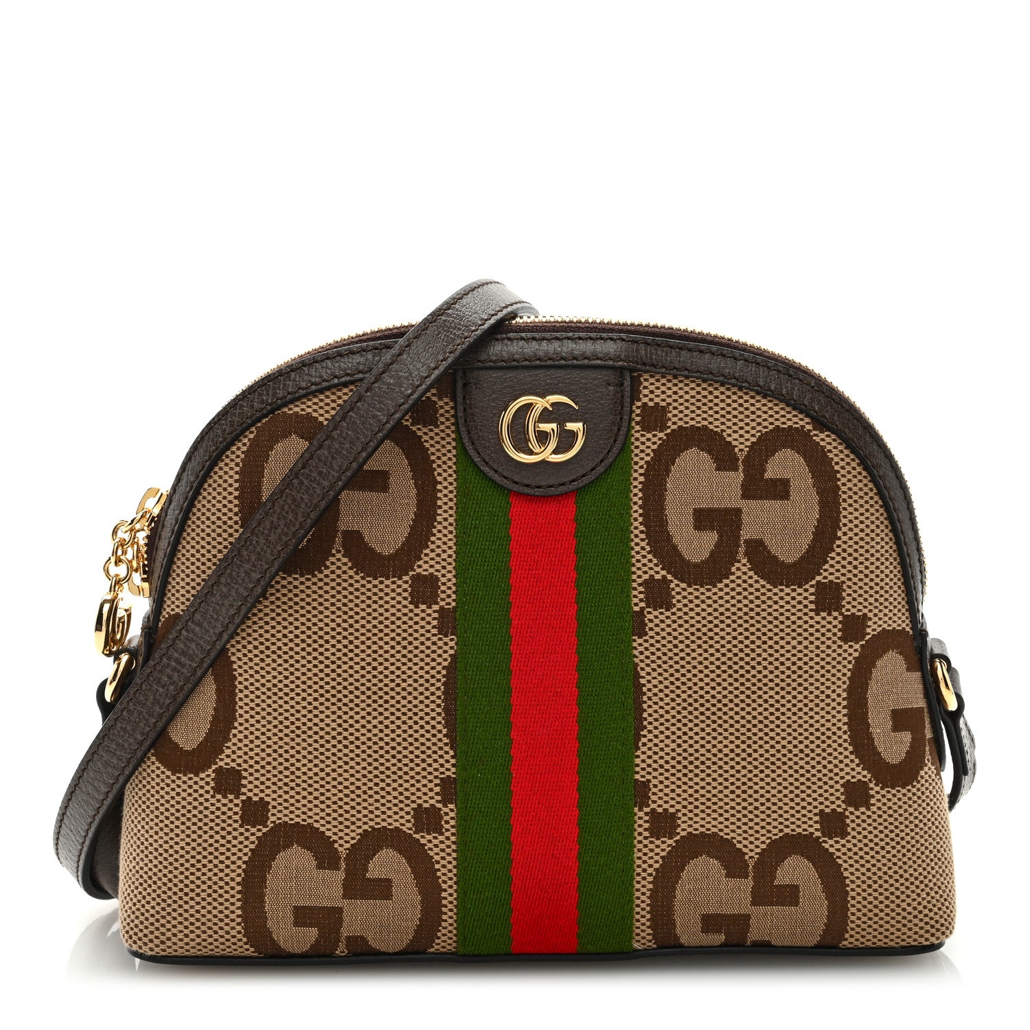 Gucci Monogram Jumbo GG Textured Dollar Calfskin Web Small Ophidia Dome Shoulder Bag Camel Ebony New Acero 1 of 8