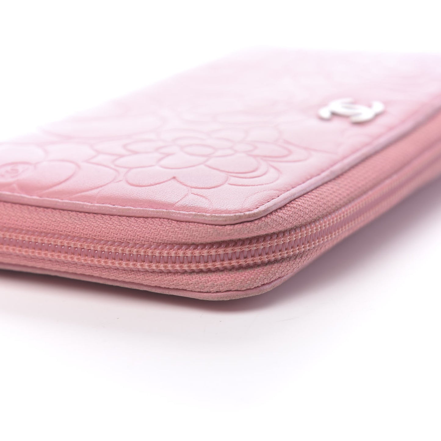 Lambskin Camellia Embossed Zip Around Large Gusset Wallet Pink