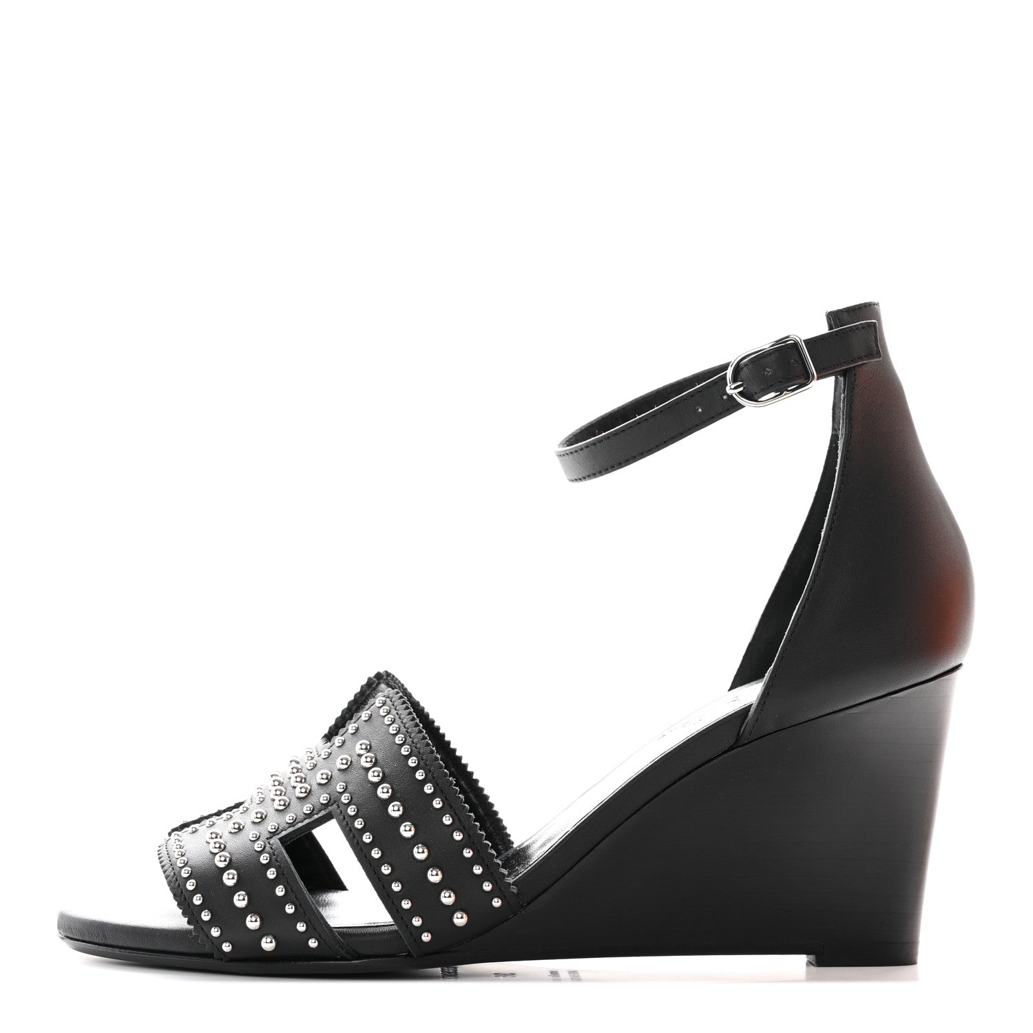 Hermes Calfskin Clous Legend Wedge Sandals 36 Black 1 of 12