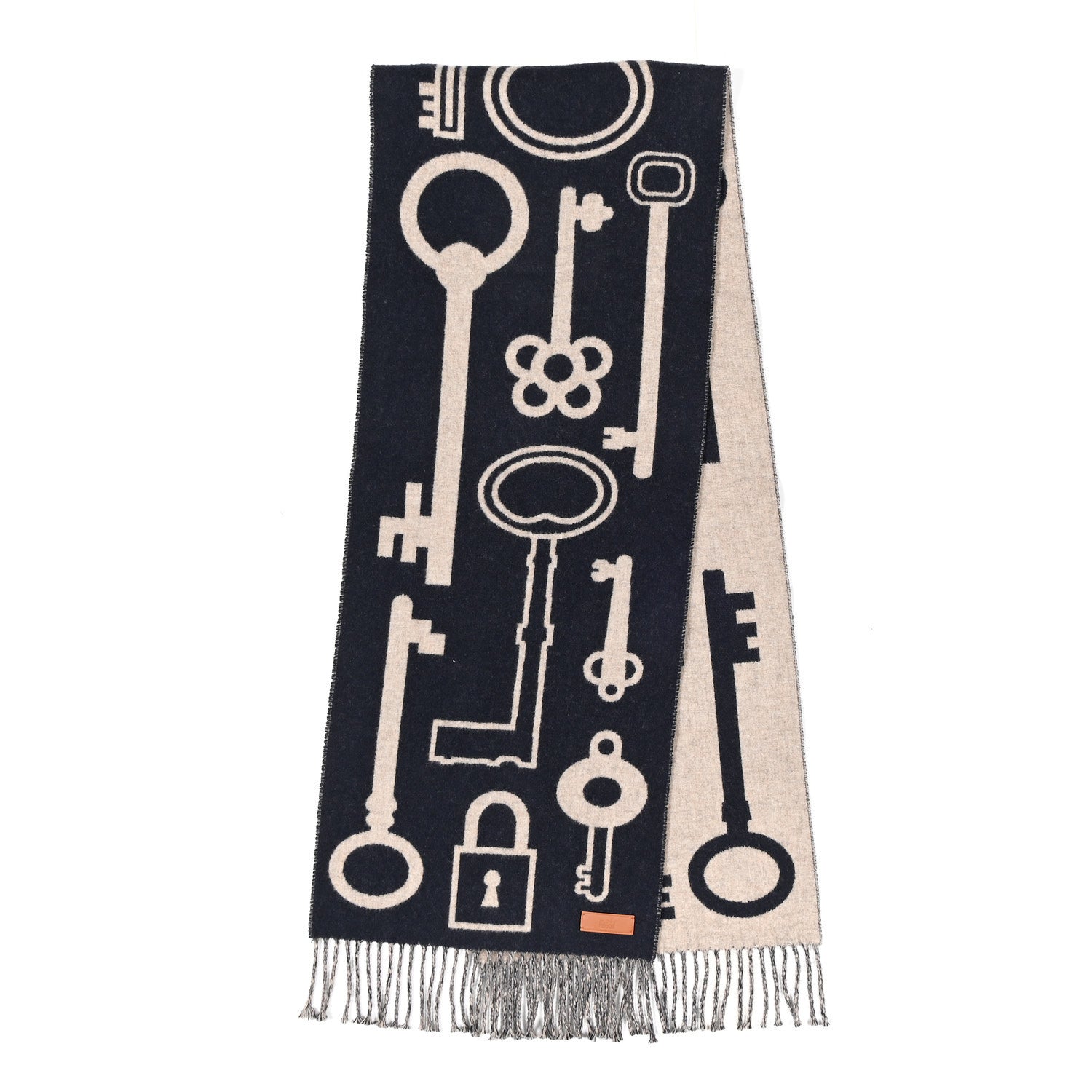 Hermes Cashmere Casaque Porte-Clefs Muffler Marine Beige Chine