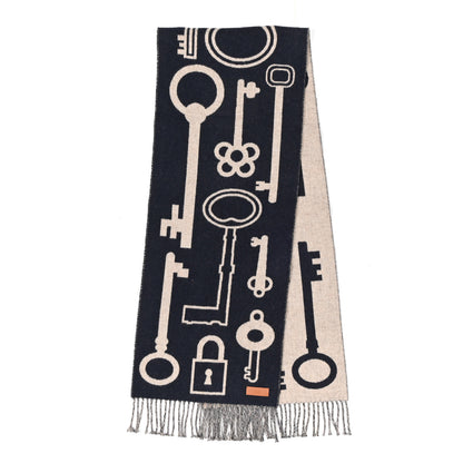 Hermes Cashmere Casaque Porte-Clefs Muffler Marine Beige Chine 2 of 4