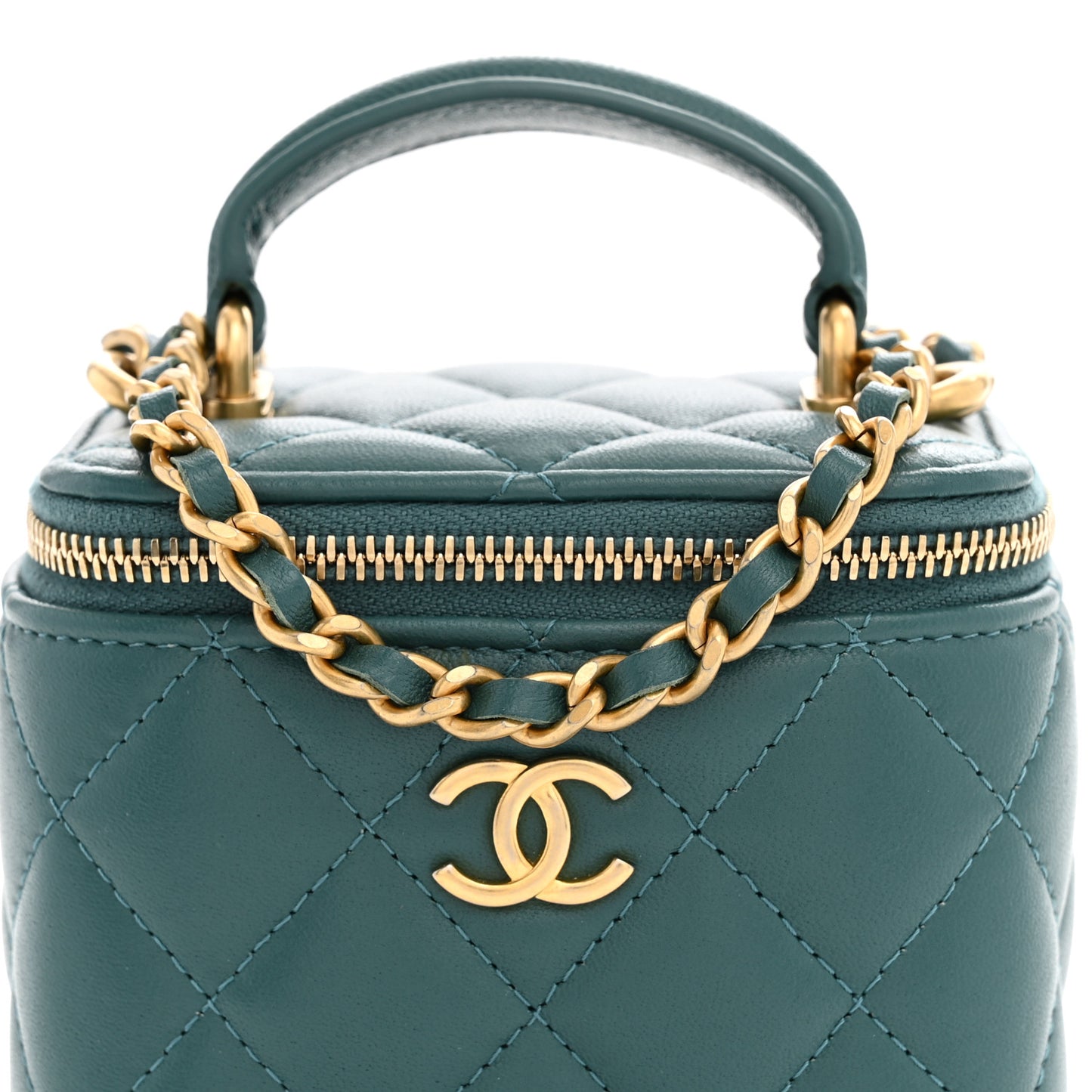 Lambskin Quilted Top Handle Mini Vanity Case With Chain Green