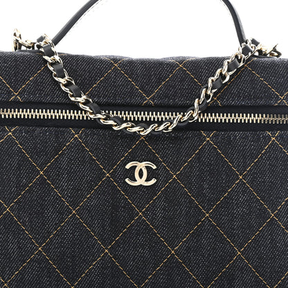 Chanel Denim Quilted Top Handle Slim Vanity Case With Chain Dark Blue Orange 8 of 11