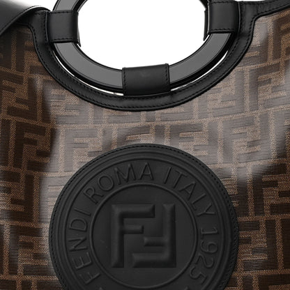 Fendi Glazed Fabric Vitello Century Plexiglass FF 1974 Stamp Patch Medium Runaway Shopper Tote Mogano Panna Black 8 of 10