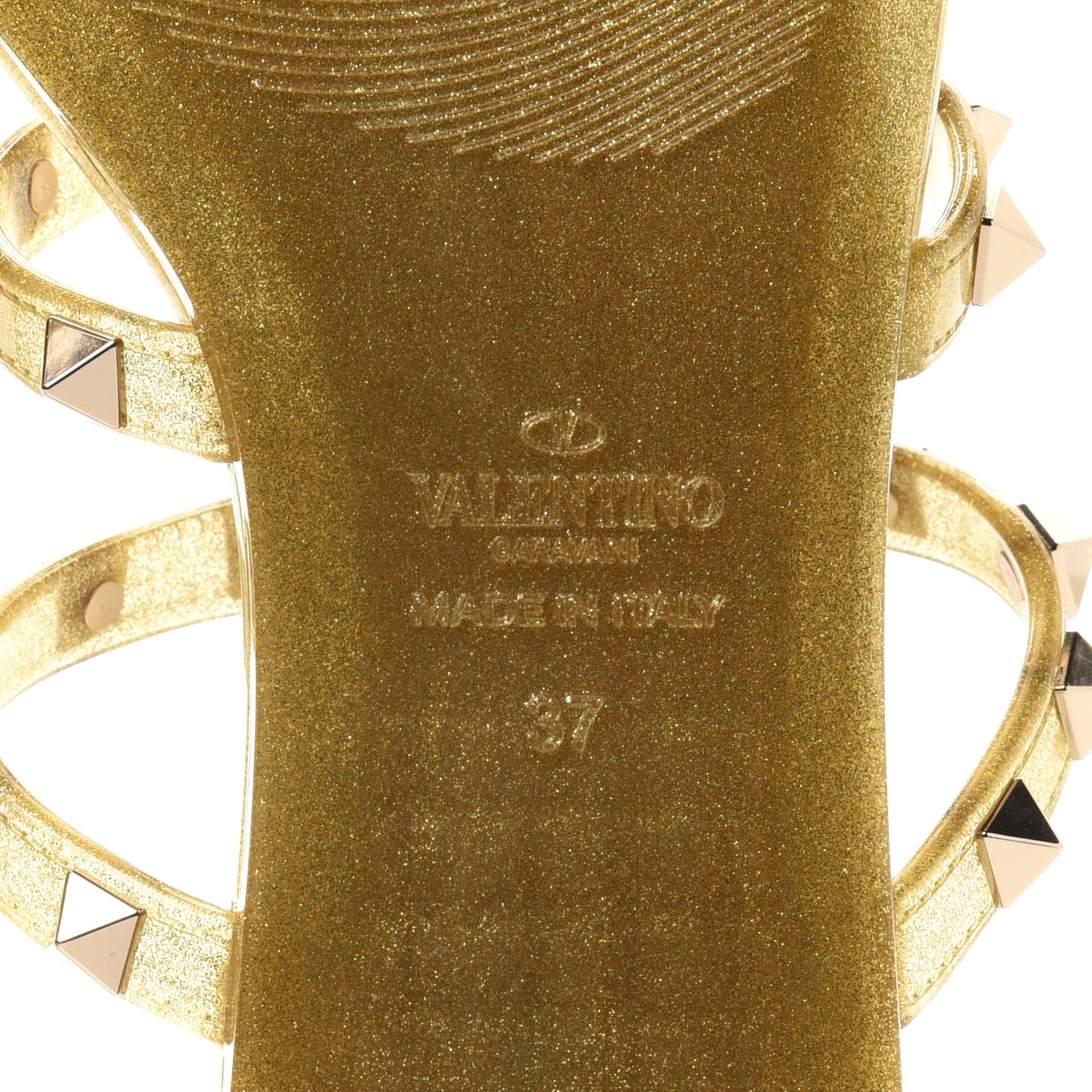 PVC Jelly Glitter Rockstud Caged Flat Thong Sandals 37 Oro