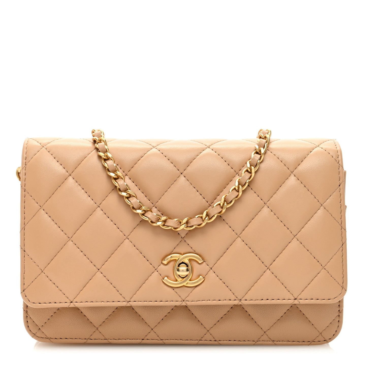 Lambskin Quilted CC Pearl Crush Wallet on Chain WOC Beige