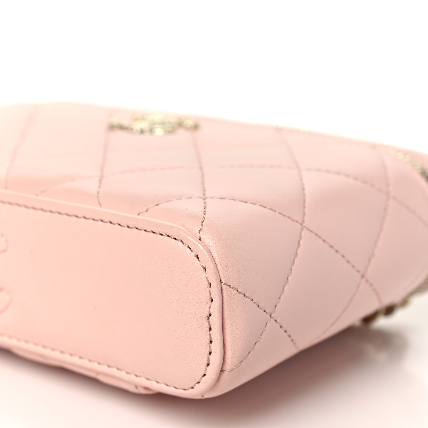 Lambskin Quilted Metal Enamel Flower Mini Top Handle Vanity Case With Chain Light Pink