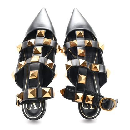 Valentino Garavani Calfskin Roman Stud Ankle Strap Flat Mules 41.5 Black 3 of 10