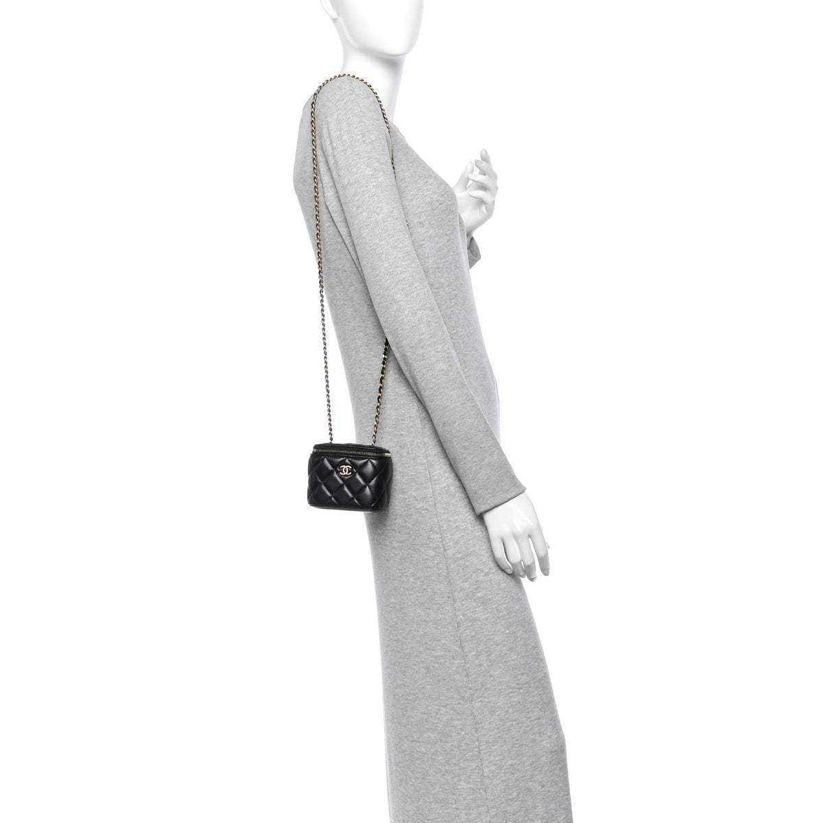 Lambskin Quilted Mini Pearl Crush Vanity Case With Chain Black