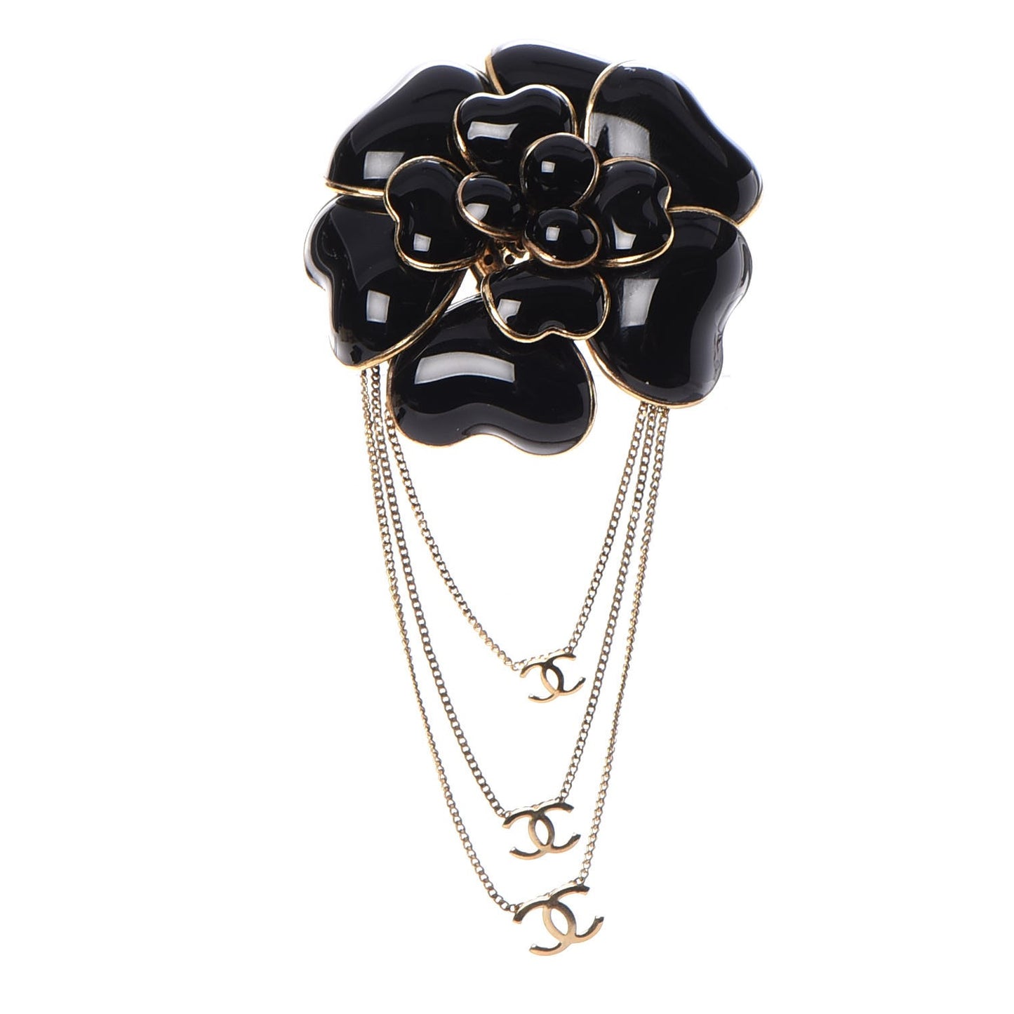 Enamel CC Camellia Brooch Black Gold