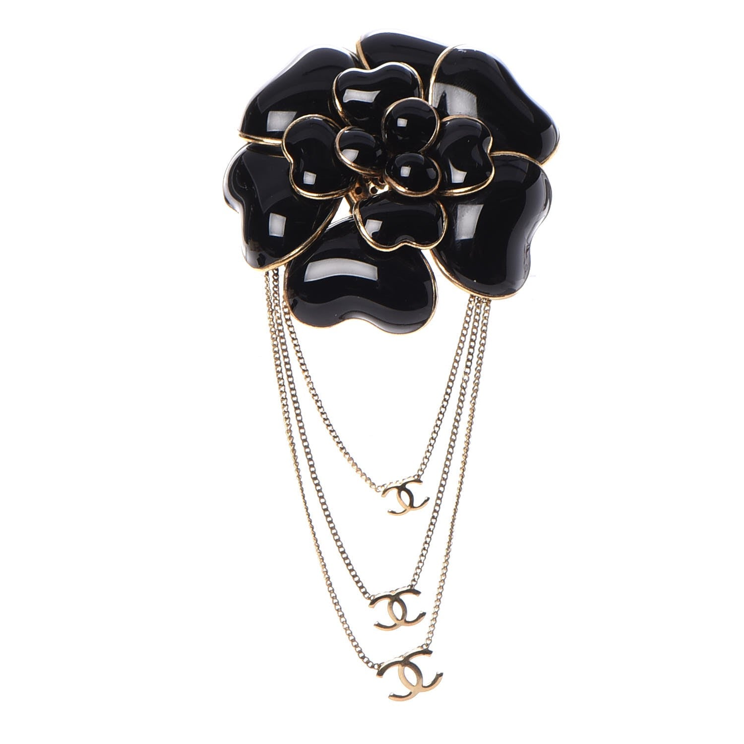Chanel Enamel CC Camellia Brooch Black Gold 1 of 5