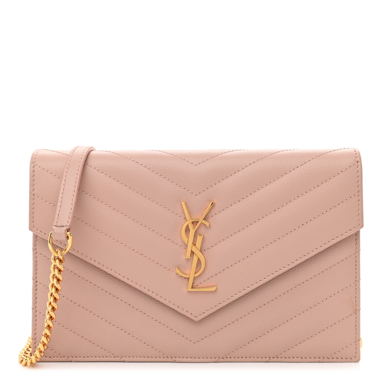 Saint Laurent Grain De Poudre Matelasse Chevron Monogram Envelope Chain Wallet Pale Pink 1 of 12