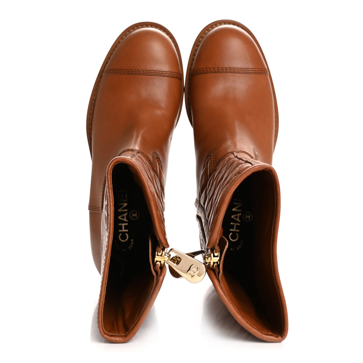 Calfskin CC Logo Mid Calf Boots 38.5 Caramel