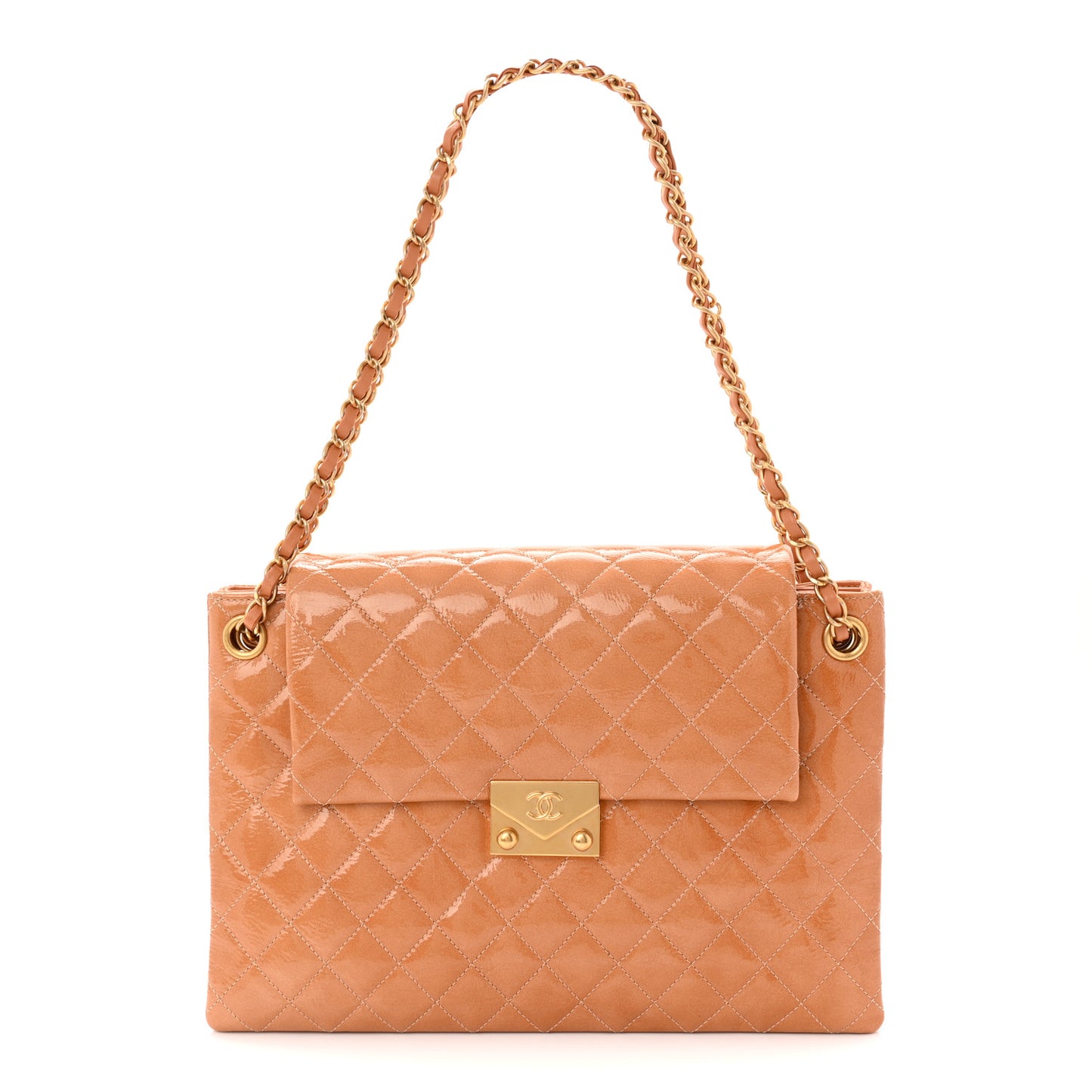 Patent Goatskin Quilted 3 Pocket Accordion Flap Beige