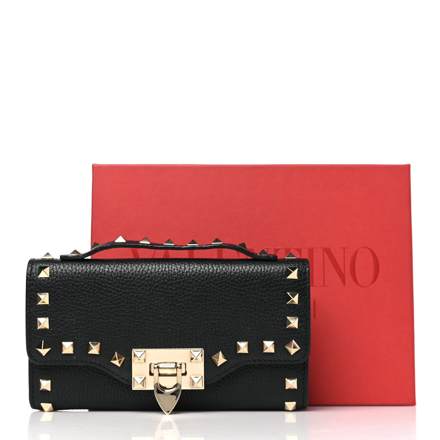 Valentino Garavani Pebbled Calfskin Rockstud Flip Lock Wallet On Chain Black 8 of 8