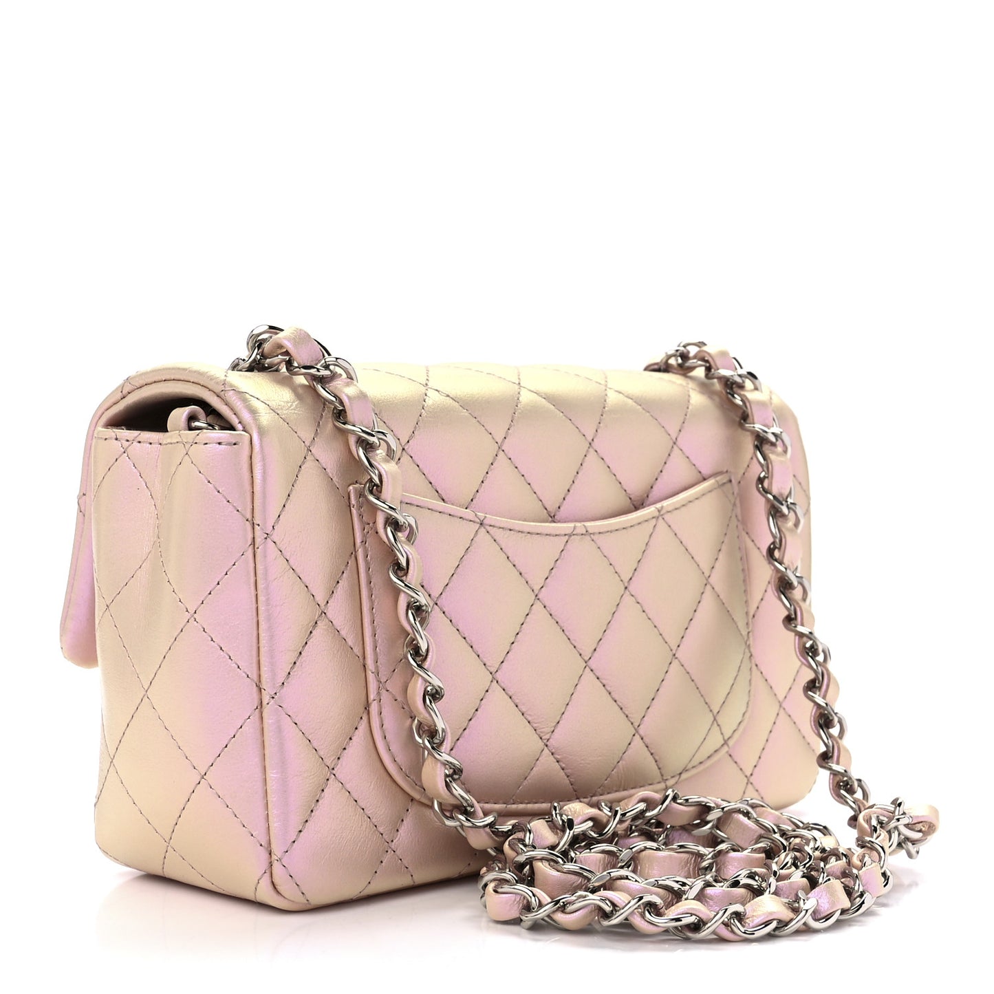 Iridescent Calfskin Quilted Mini Rectangular Flap Pink