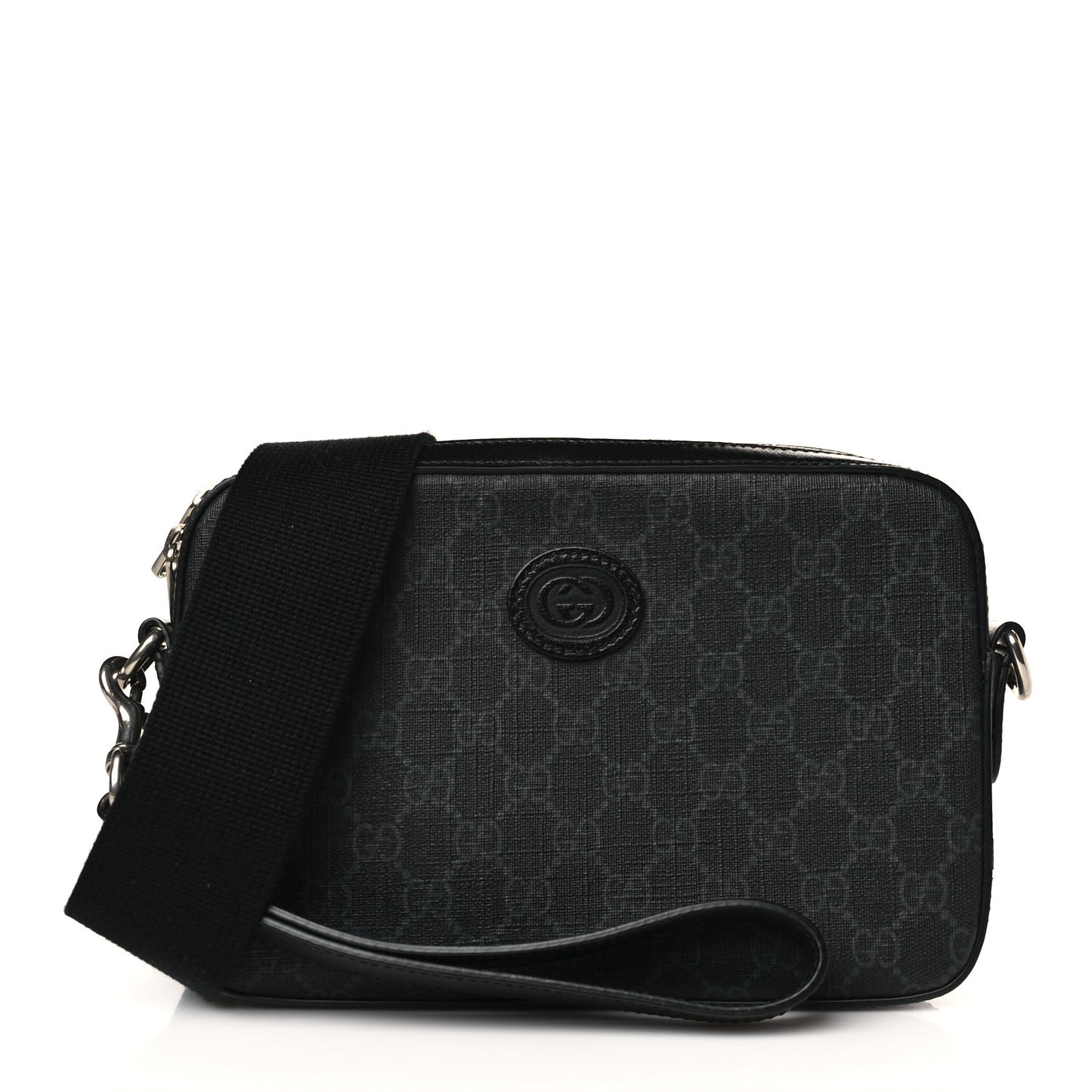 GG Supreme Monogram Azalea Calfskin Retro Interlocking G Wristlet Shoulder Bag Black