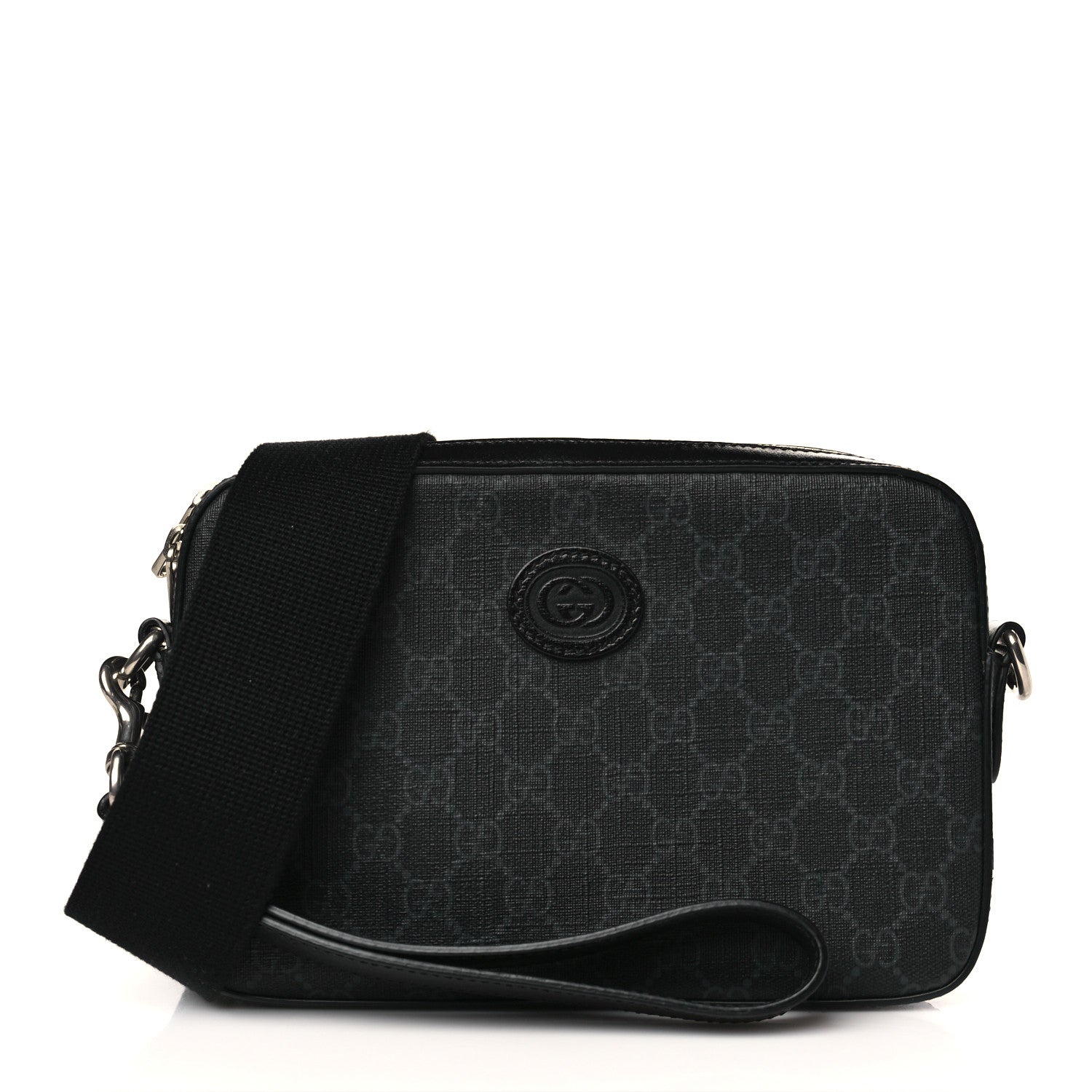 Gucci GG Supreme Monogram Azalea Calfskin Retro Interlocking G Wristlet Shoulder Bag Black 1 of 9